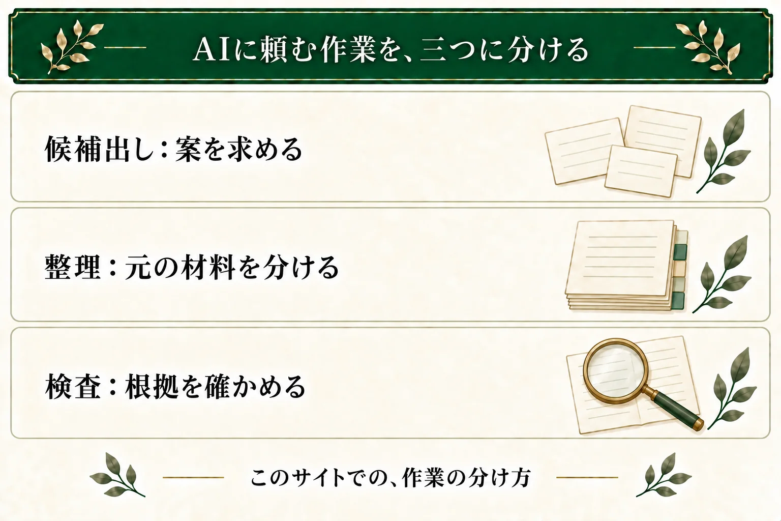 候補出しでは未定の案を求め、整理では元の材料を分け、検査では記述の根拠を確かめる。この三分類はサイト独自の作業の分け方で、公式の機能分類ではない。