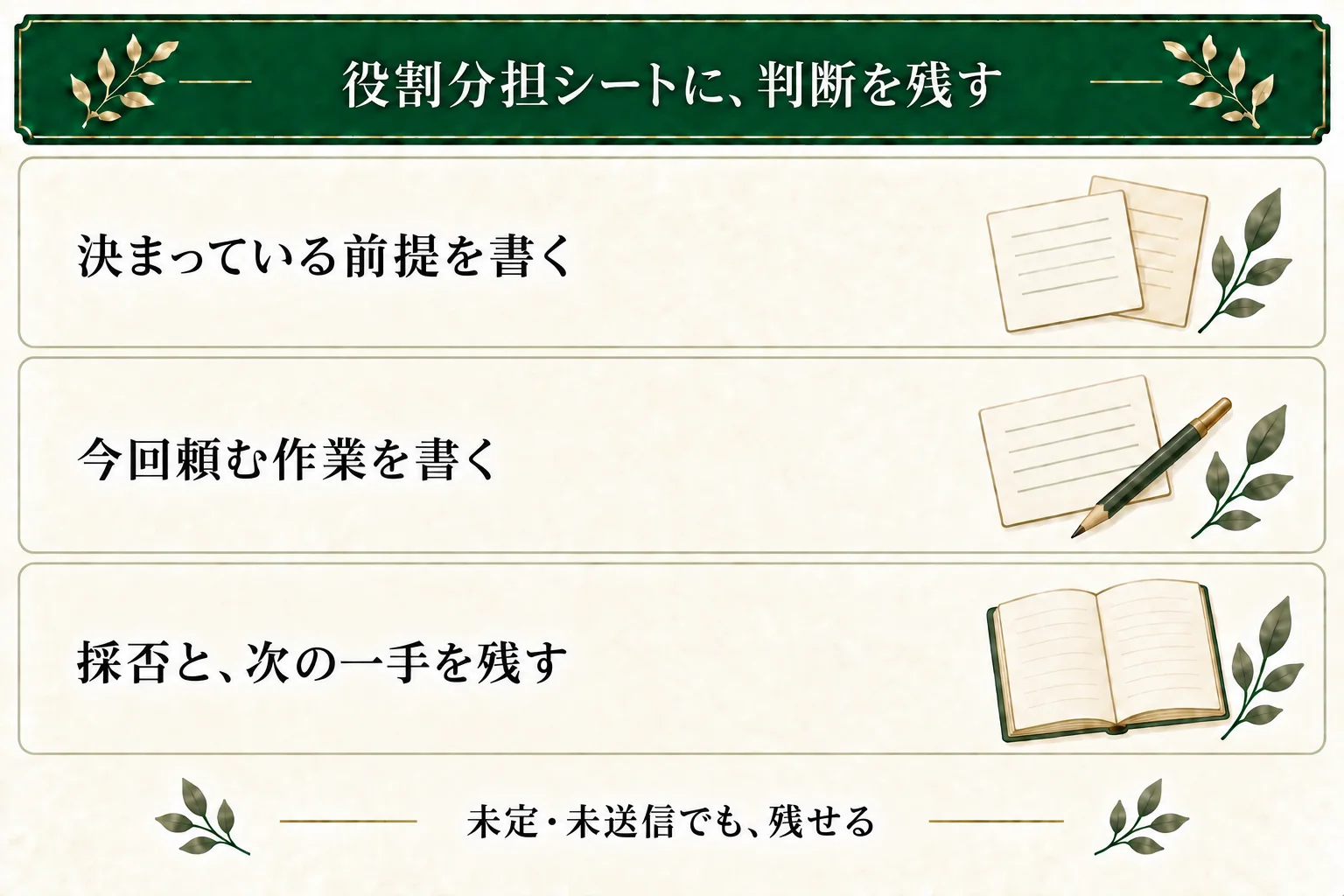 役割分担シートには、決まっている前提、今回AIへ頼む作業、作者が採否を決めることを書く。未定は未定のままにでき、送らない場合は依頼前の部分だけ保存できる。