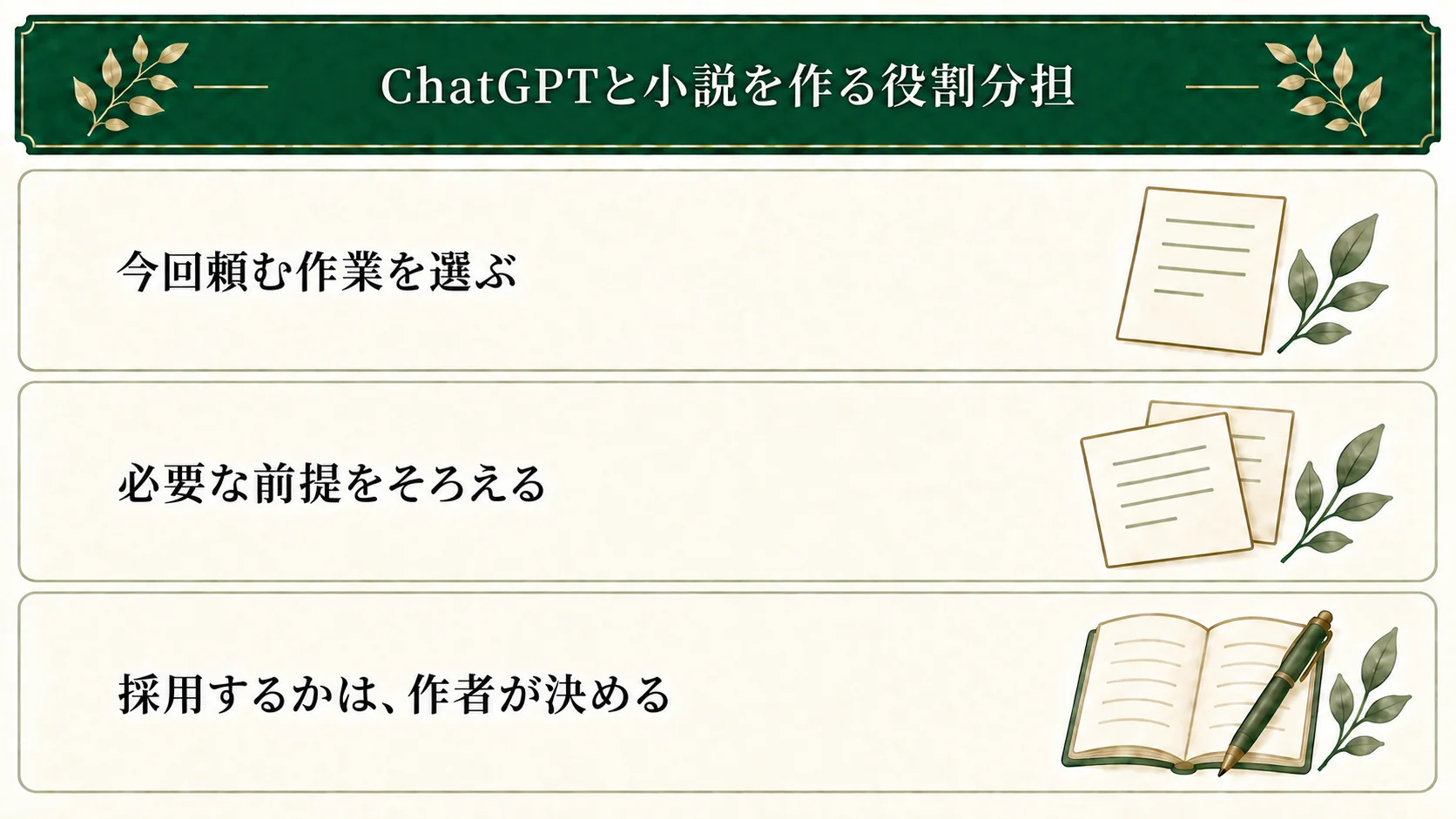 ChatGPTへ頼む作業を選び、相談に必要な前提をそろえる。AIの提案と作者の設定を分けて読み、採用・保留・見送りは作者が決める。