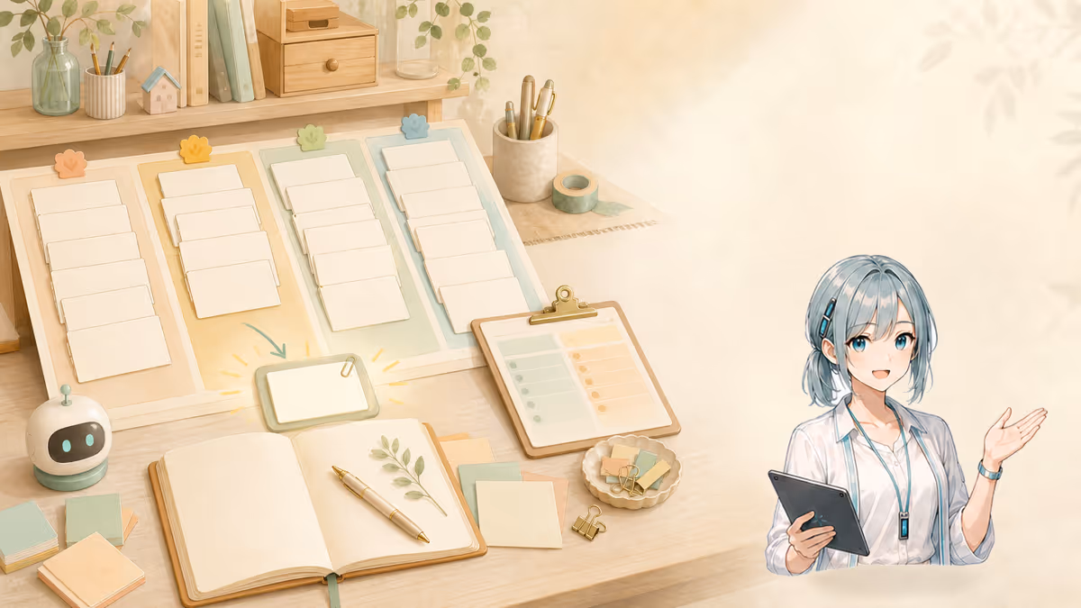 ミラが用途別に分けた質問カードから今日の一問を選ぶ創作アトリエの挿絵