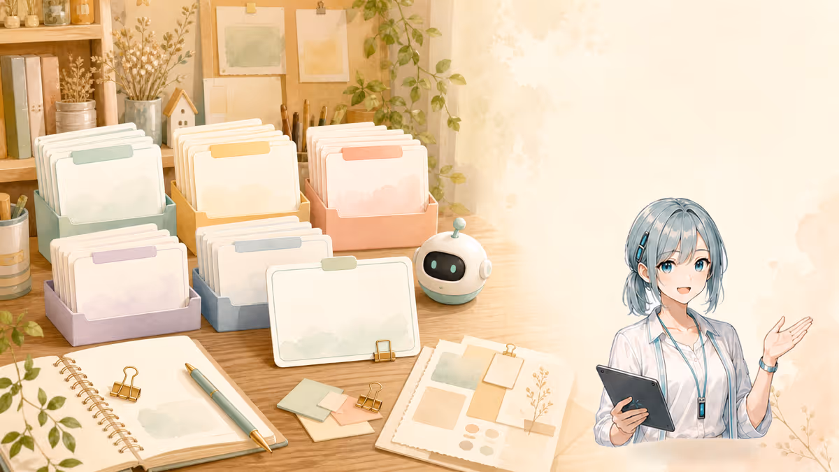 ミラが工程別の質問カードを整理し一枚を選び出す創作アトリエの挿絵