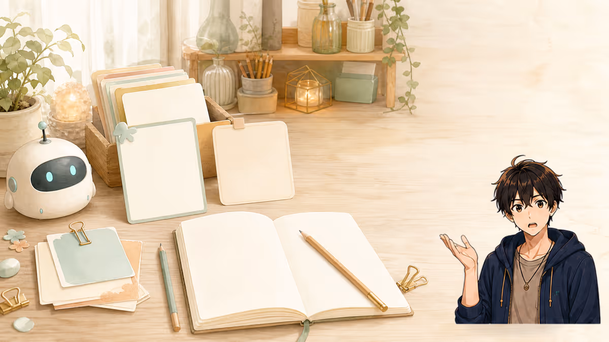 ソウマが選んだ質問カードとノートを前に今日の一歩を決める創作アトリエの挿絵