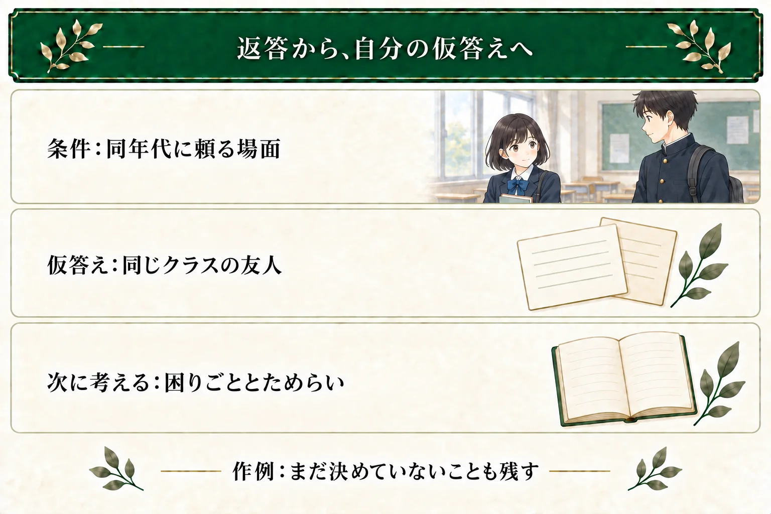 卒業式前日の主人公が誰に頼るかを考える作例。同年代に頼る場面を描きたいという条件から友人を仮に選び、困りごとの内容と言い出せない理由を次に考える。