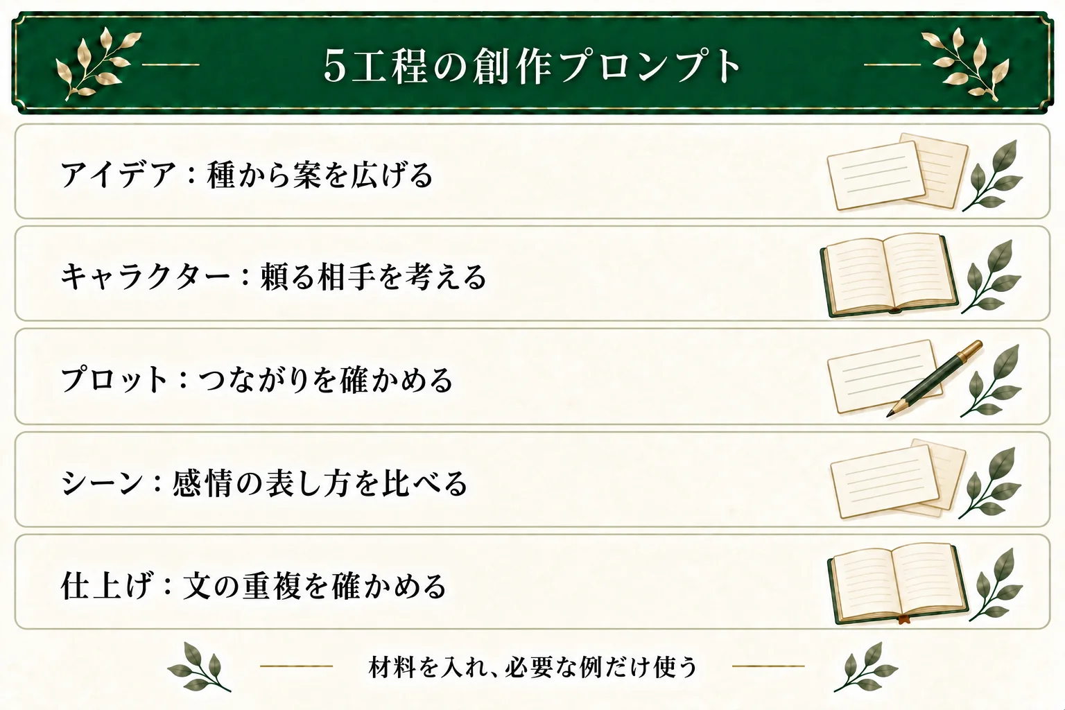 アイデアは種を広げ、キャラクターは頼る相手を考える。プロットはつながり、シーンは感情の表し方、仕上げは文章の重複を確かめる。