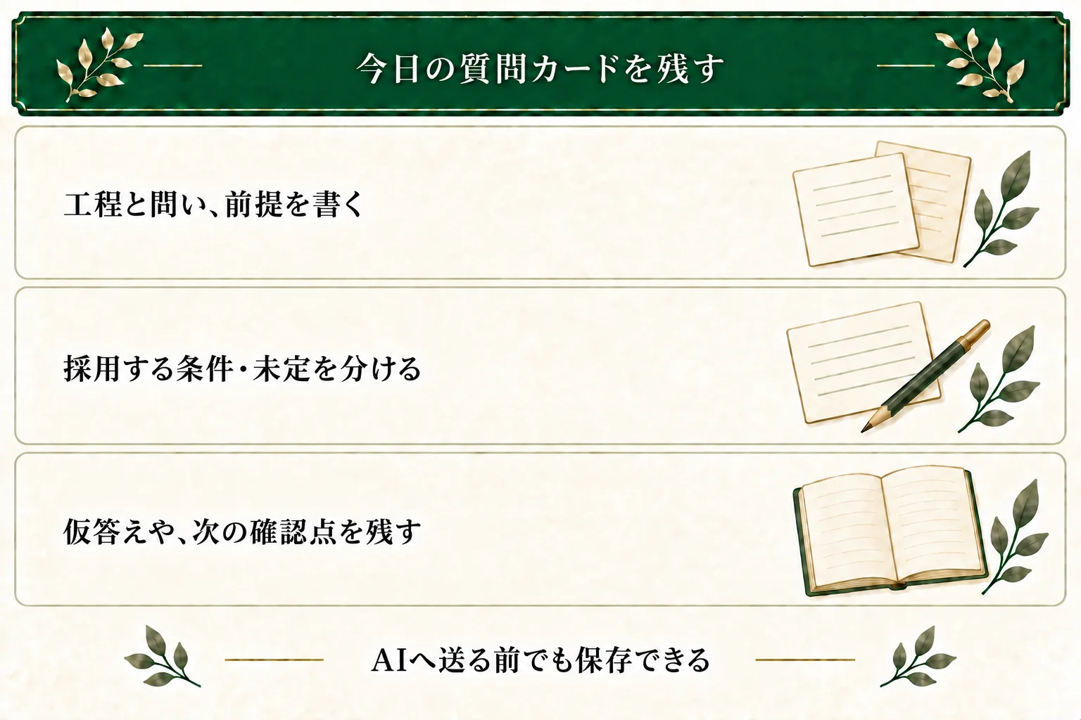 質問カードに工程と問い、必要な前提、採用条件を書く。使わない答えや未定の点、自分の仮答えと次の一手も残せる。AIへ送る前でも保存できる。