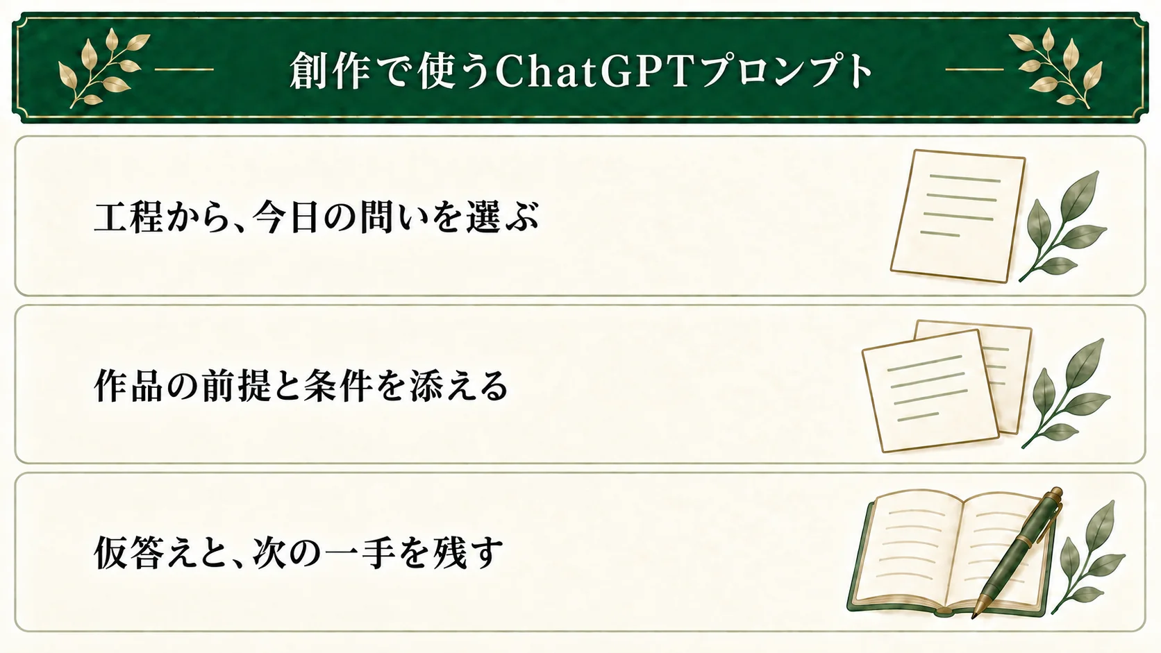 創作の工程に合う問いを選び、作品の前提を添える。返答から使いたい案や保留理由を考え、自分の仮答えと次の一手を残す。