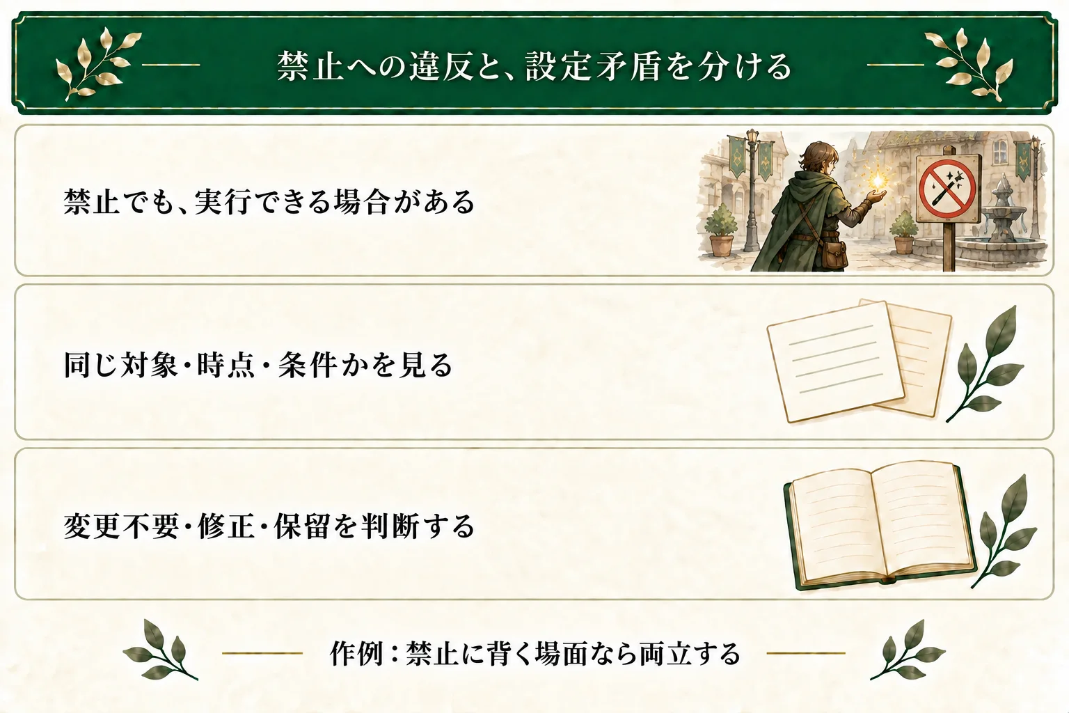 魔法の使用禁止は、魔法を使えないという意味とは異なる。主人公が禁止に背いて使う場面として両立する場合がある。対象・時点・条件が同じかを確かめる。