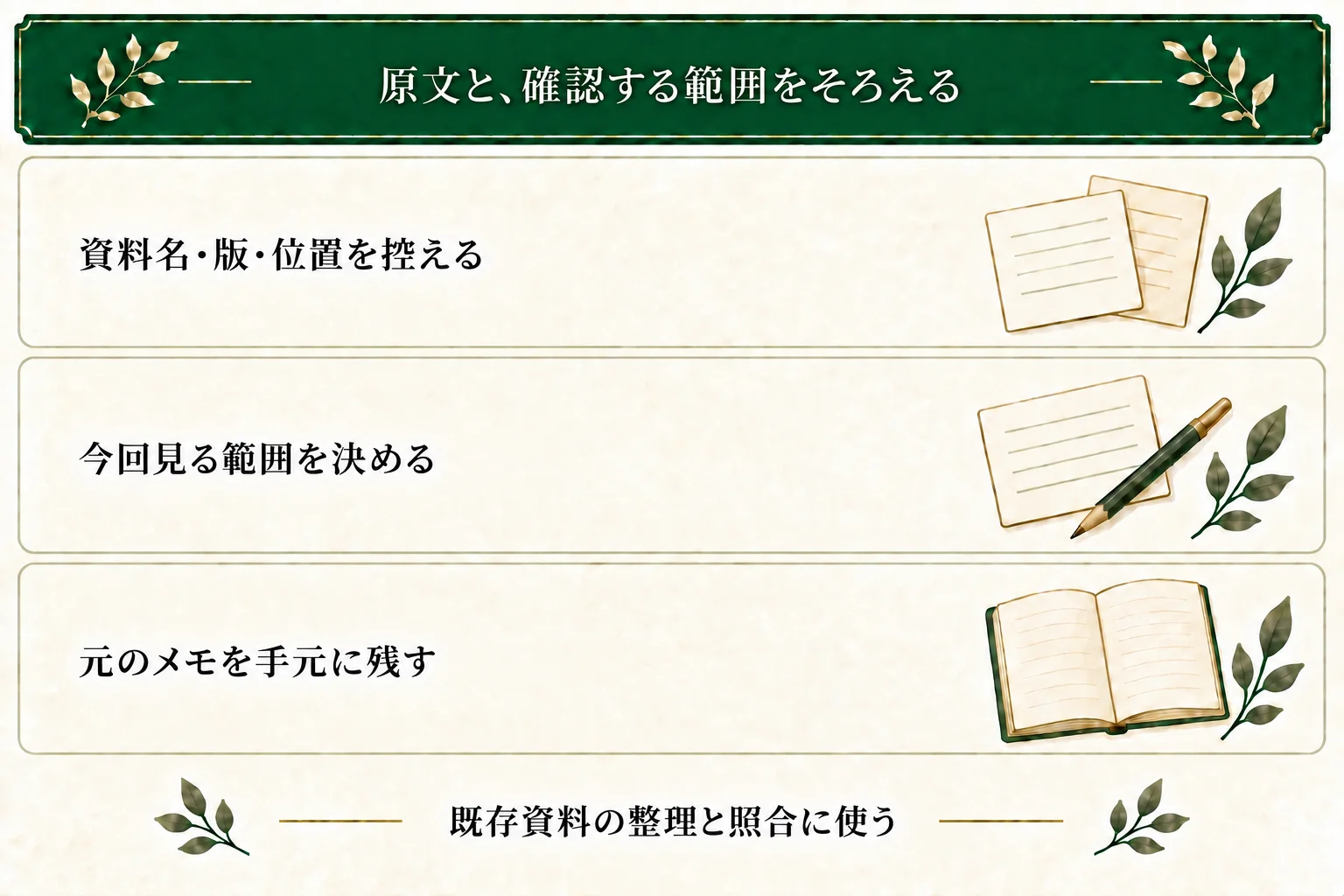 整理する資料名と版、確認する範囲、引用した原文の位置をそろえる。元のメモを残し、AIがまとめた表で上書きしない。