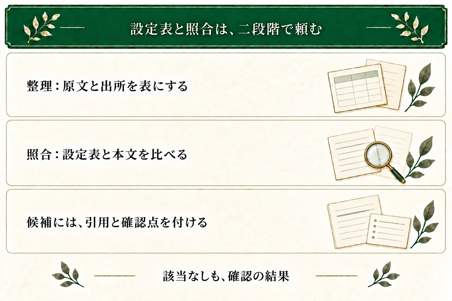 段階1では原文と出所を保って設定表を作る。段階2では設定表と本文を照合する。候補には引用を付け、確認できない点や該当なしも残す。