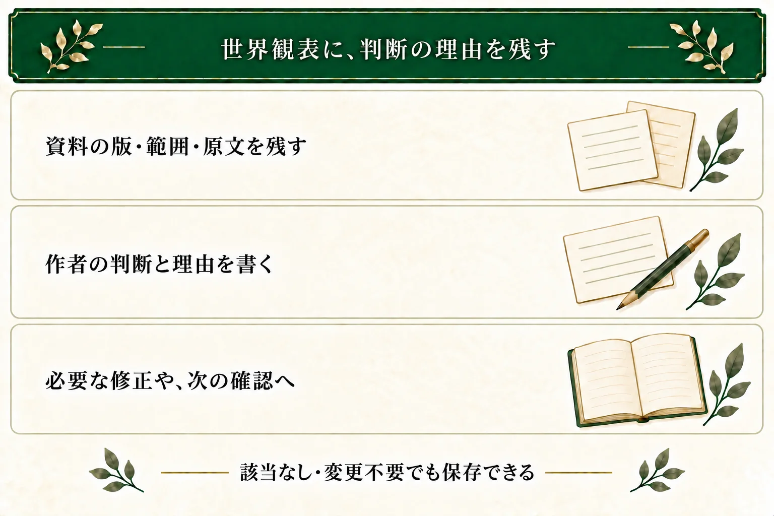 AI世界観表に資料の版と範囲、原文と出所、作者の判断と理由を残す。必要な修正や次の確認点を添え、候補がなければ確認範囲と該当なしを保存する。