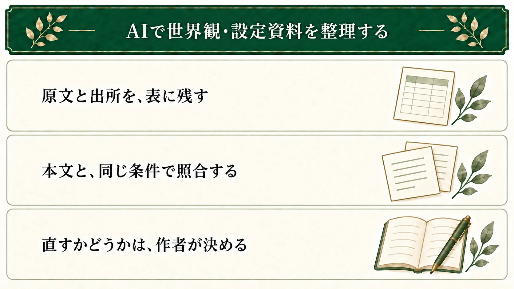 世界観の設定資料は原文と出所付きの表に整理し、本文と照合する。対象・時点・条件を確かめ、変更不要・修正・保留を作者が判断する。