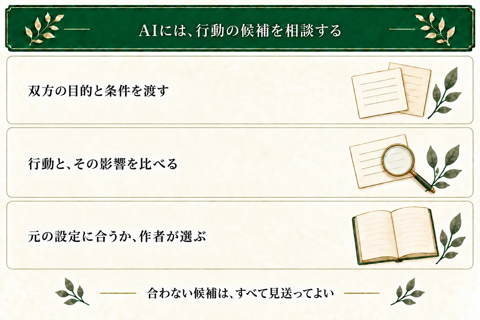AIに双方の目的と場面の条件を渡し、相手の行動と主人公への影響の候補を求める。元の設定と仮定を分け、目的や関係に合わない候補は見送れる。