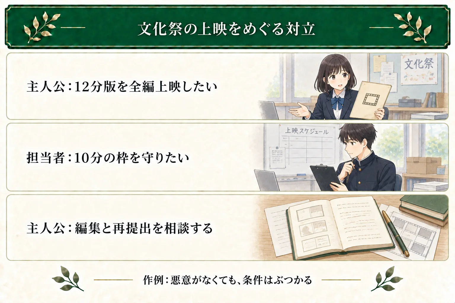文化祭の作例では、主人公は12分版を全編上映したいが、担当者は10分の枠を守りたい。上映の受付で行動がぶつかり、主人公は編集し直して再提出を相談する。