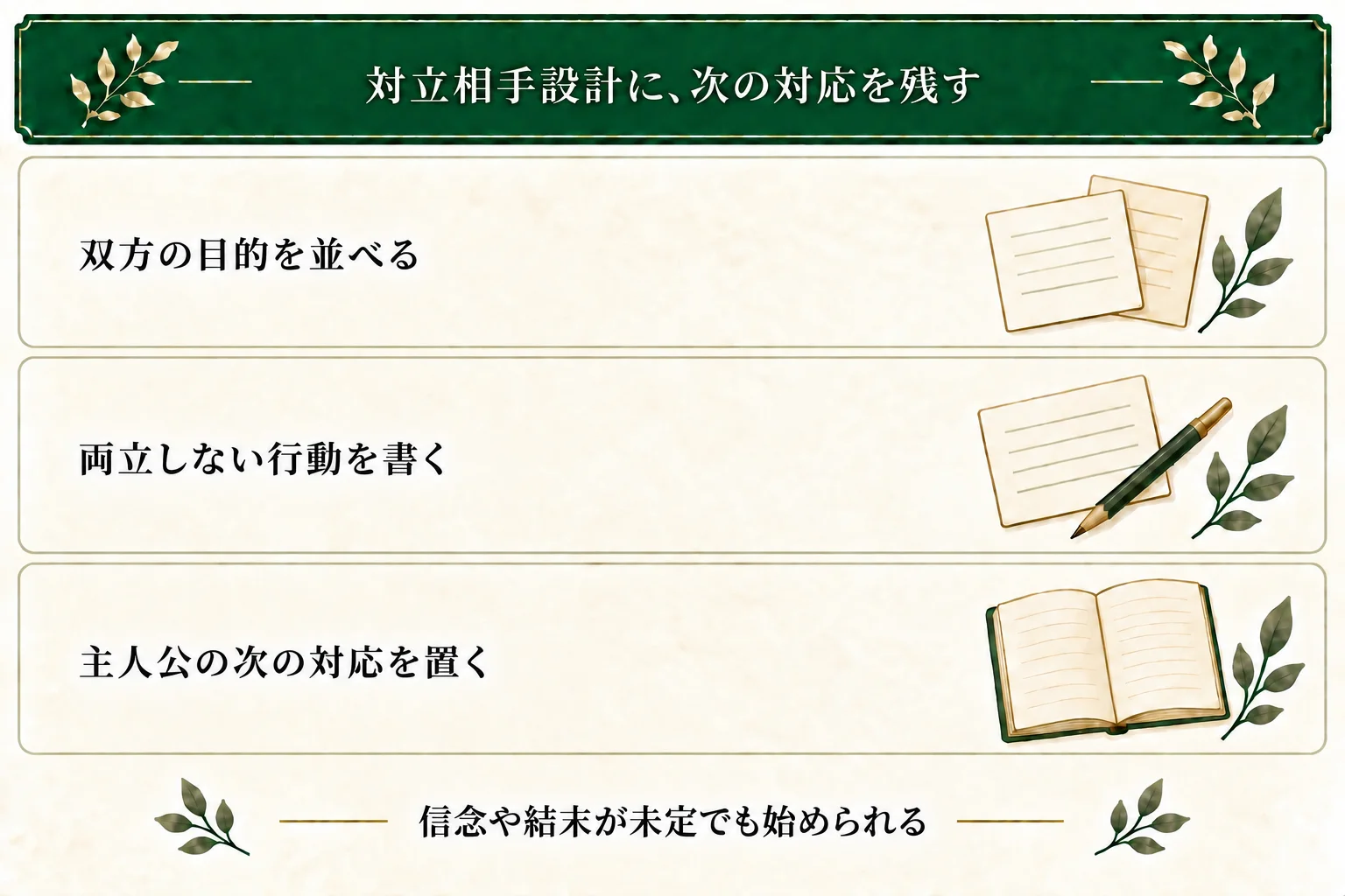 対立相手設計に、双方の目的、両立しない行動、主人公の次の対応を書く。信念や反論は必要な場合だけ加え、最後の勝敗や結末は未定でもよい。