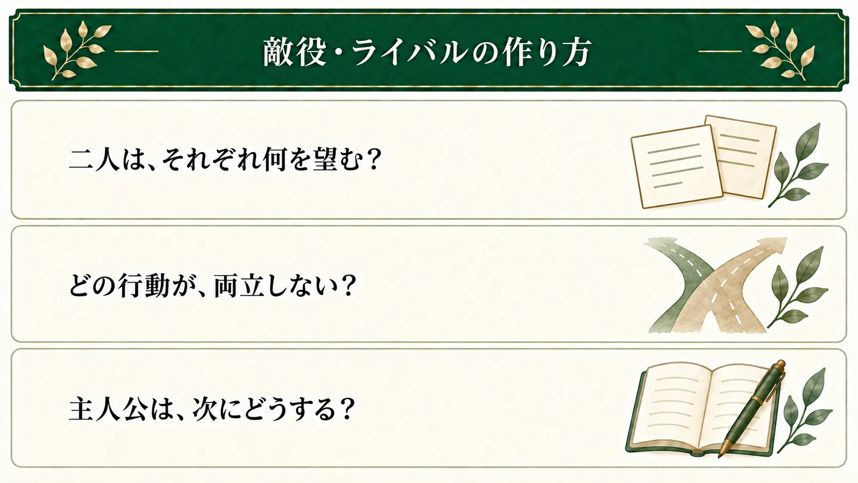 敵役やライバルは双方の目的と両立しない行動から考える。相手の理由を必要な範囲で置き、主人公の次の対応を決める。