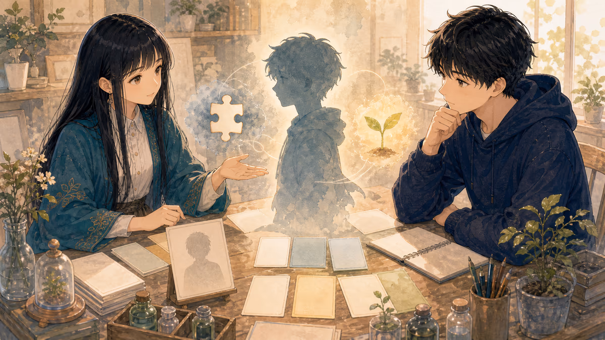 コトハが魅力的なキャラクターには、欠けと希望があるの要点を創作アトリエの小物と人物の配置で示している挿絵