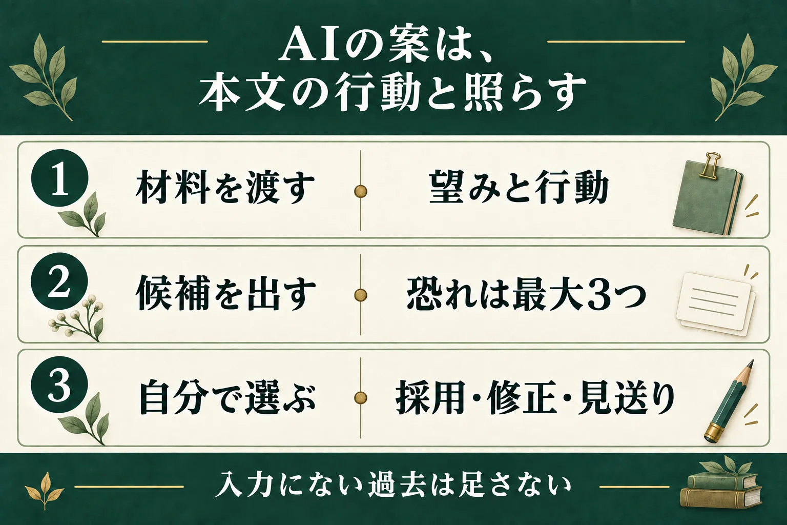 AIに望みと行動を渡し、恐れの候補を最大3つ出す。本文の行動を根拠に採用・修正・見送りを決め、入力にない過去は足さない。