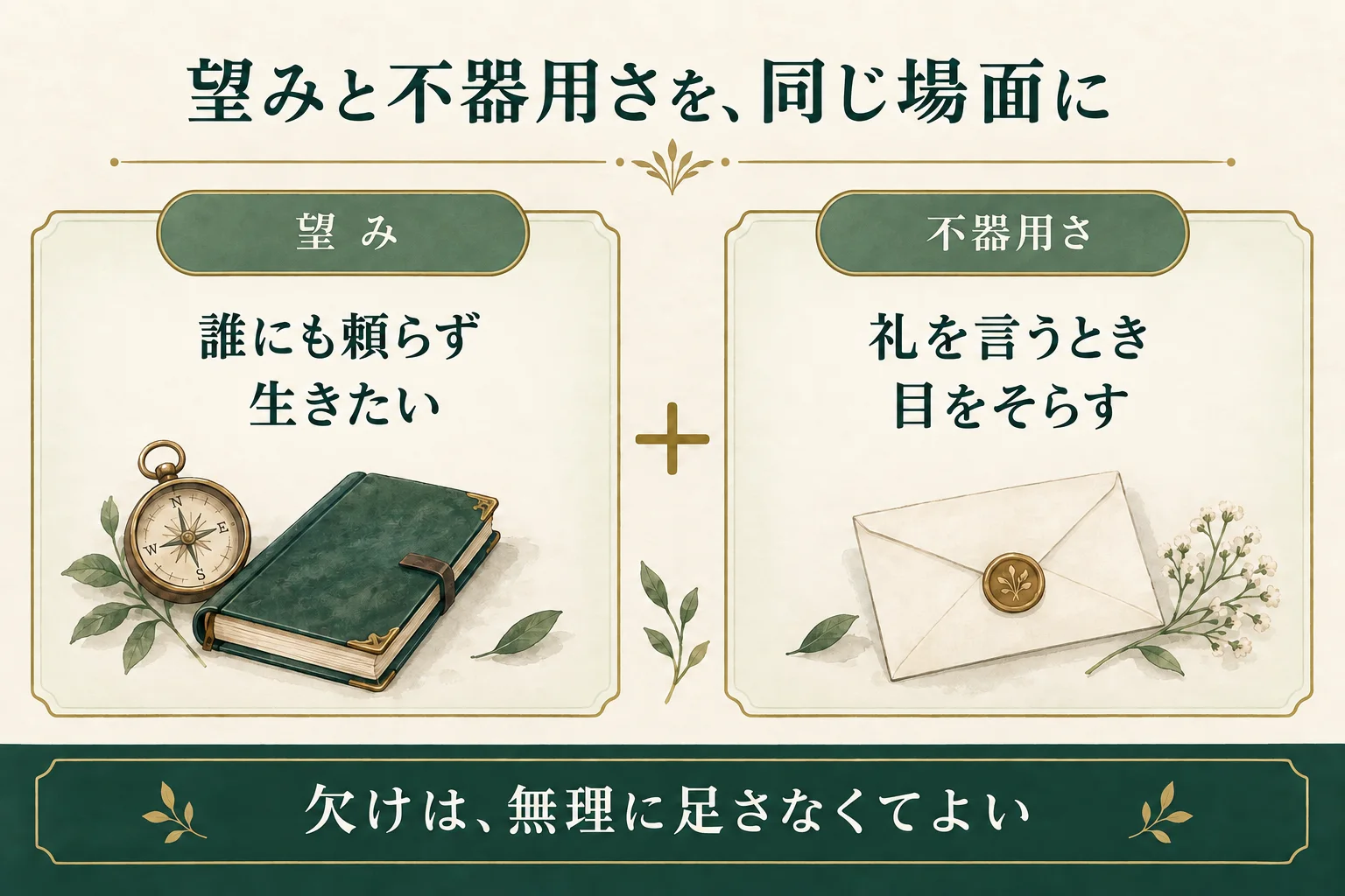 同じ場面に置く二つの材料。望みは誰にも頼らず生きたいこと、不器用さは礼を言うとき目をそらすこと。欠けは無理に足さなくてよい。