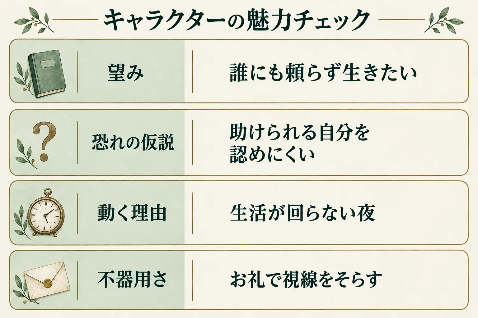 魅力チェックの例。望みは誰にも頼らず生きたいこと。恐れは助けられる自分を認めにくいという仮説。生活が回らない夜に動き、お礼で視線をそらす。