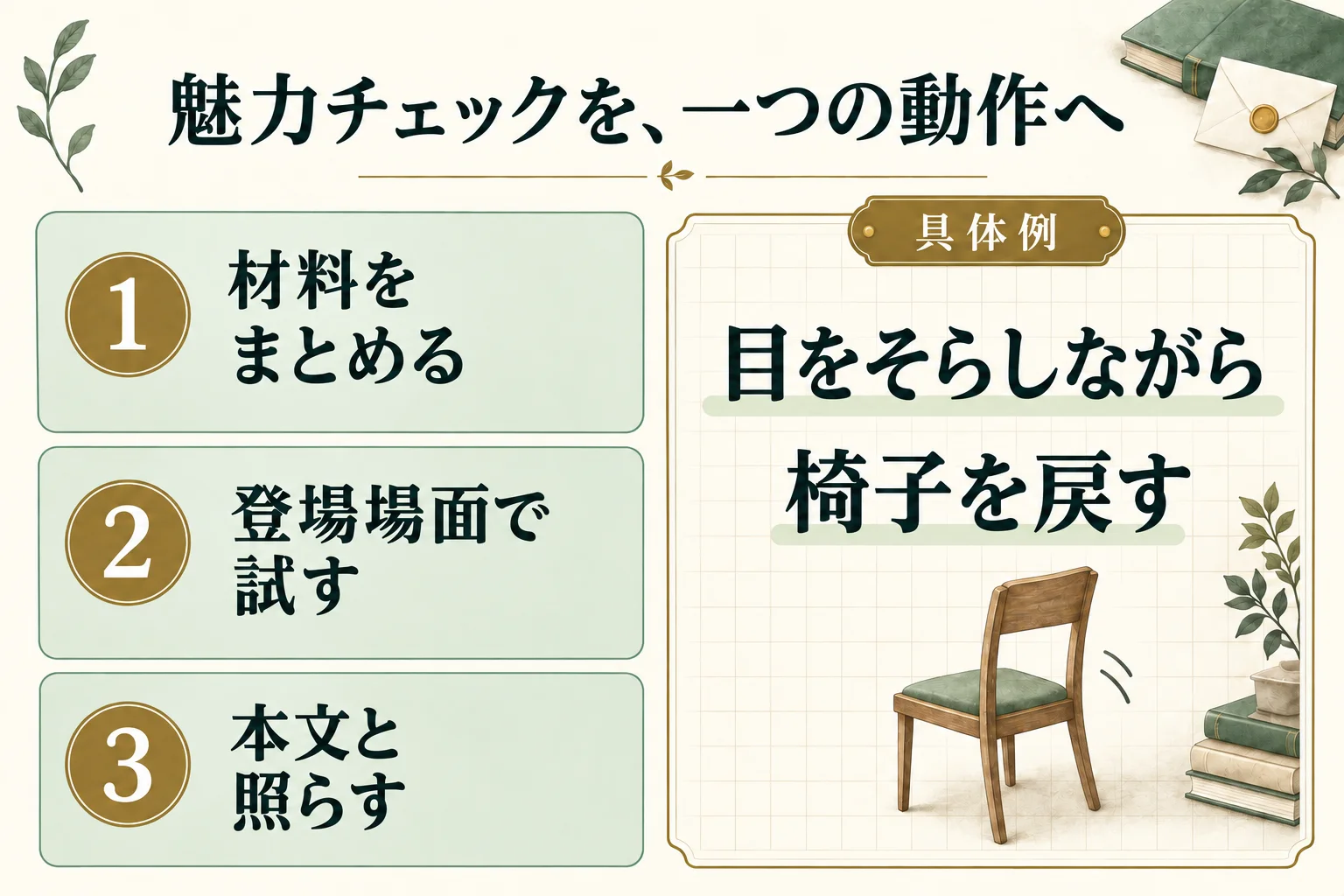魅力チェックの材料をまとめ、登場場面で一つの動作を試して本文と照らす。例は、礼を言うとき目をそらしながら椅子を戻す動作。