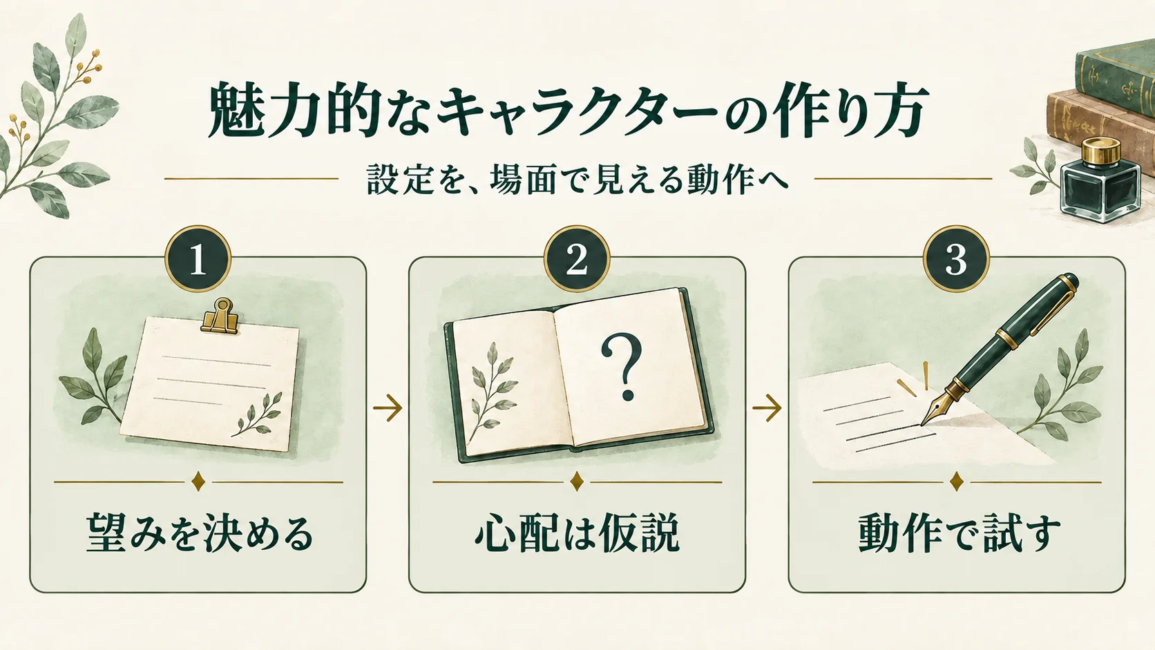 魅力的なキャラクターを考える流れ。望みを決め、心配を仮説として置き、場面で見える動作で試す。