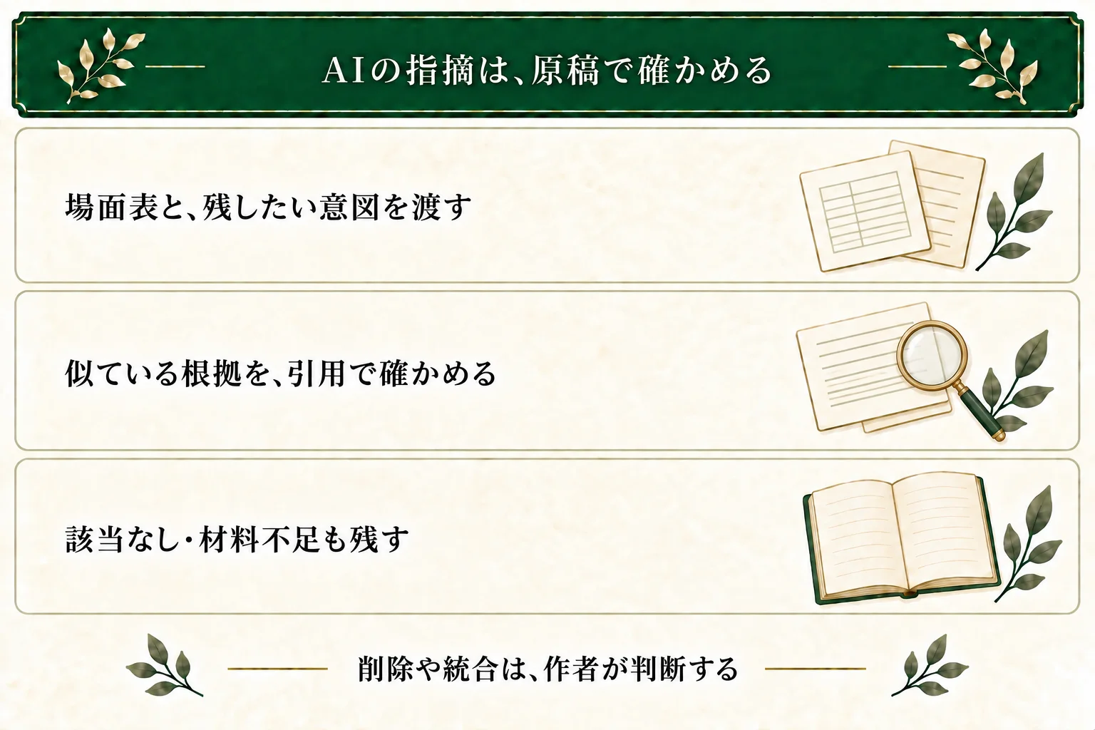 AIには場面表と残したい意図を渡し、似て見える組を最大一組、元の記述の引用とともに求める。該当なしや材料不足も回答として受け取り、作者が原稿で確かめる。