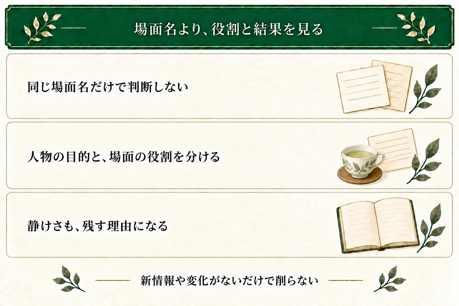 会議という場面名が同じでも、渡す情報や結果は異なる場合がある。人物の目的と作者が場面を置く役割を分け、余韻や静けさも残す理由として確かめる。