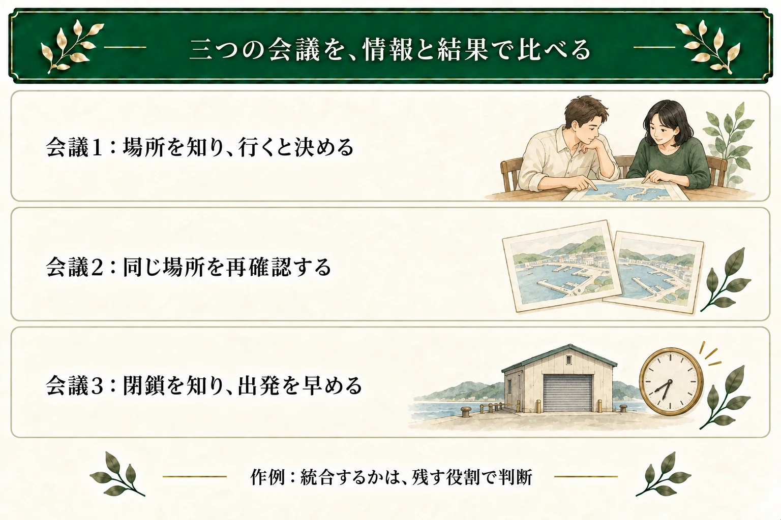 架空の会議の比較では、会議1で倉庫の場所を知り、会議2で同じ場所を再確認する。会議3は今夜の閉鎖を知らせ、出発を早める別の役割を持つ。統合するかは作者の残す意図で判断する。