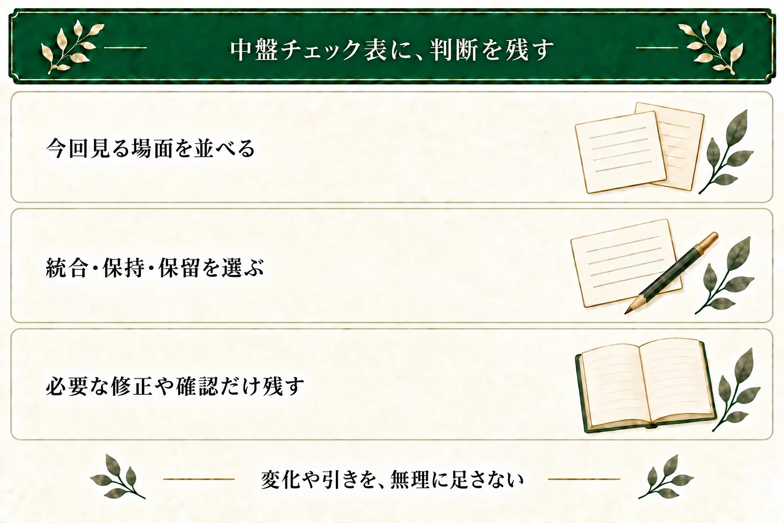中盤チェック表に今回の比較範囲を記録し、統合・差の明確化・保持・保留を選ぶ。必要な修正や確認だけ残し、二場面だけの入力や修正しない判断も保存できる。