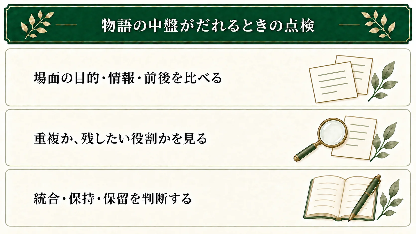 中盤が長く感じられたら、気になる場面の目的・情報・前後を比べる。残す役割を確かめ、統合・保持・保留を判断する。静けさや反復に変化を必ず足す必要はない。
