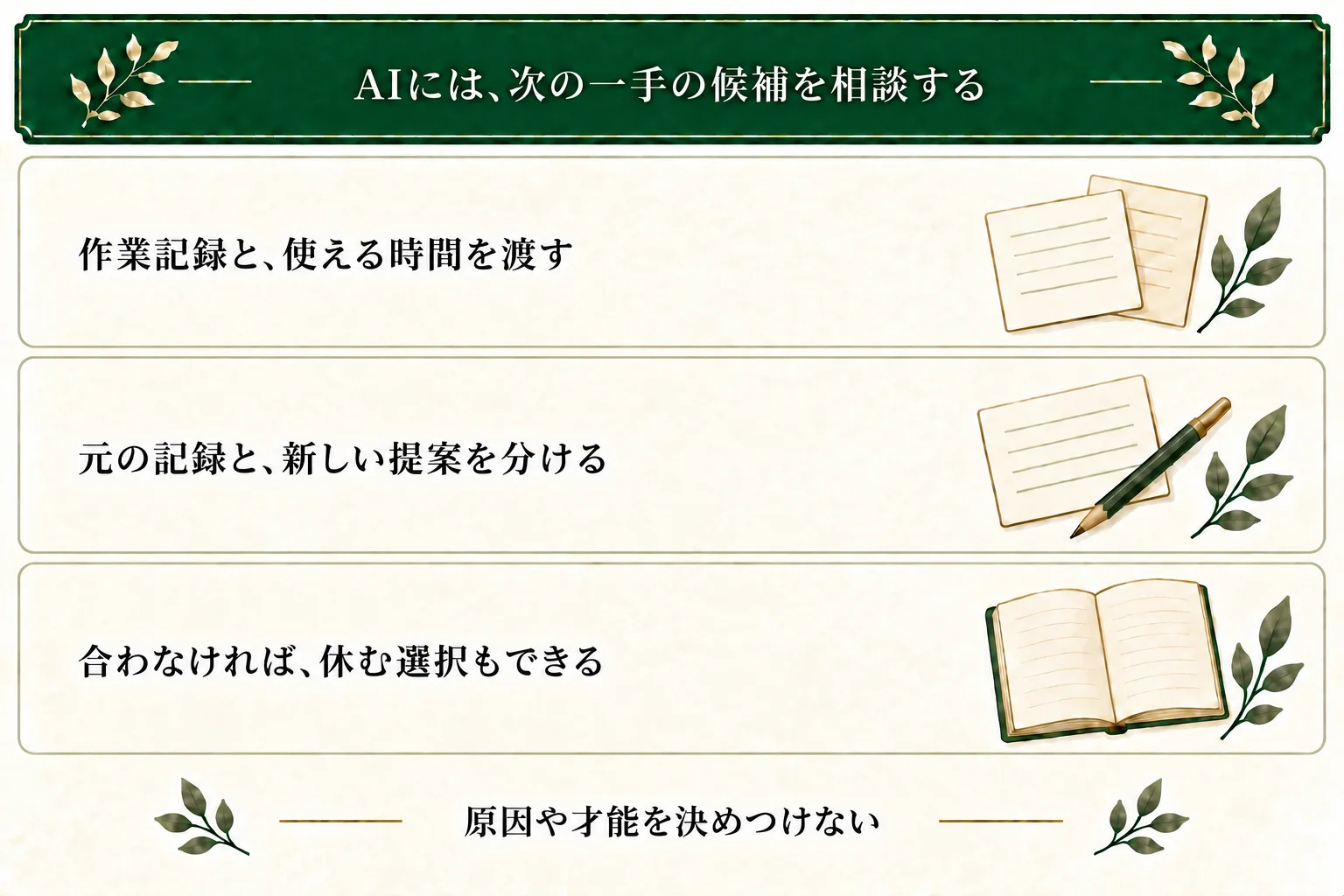 AIには外部へ渡せる作業情報だけを示し、今日使える時間を上限に、小さな作業を最大2案提案してもらう。元の記録と新しい提案を分け、合わなければ収集しない・休む選択もできる。