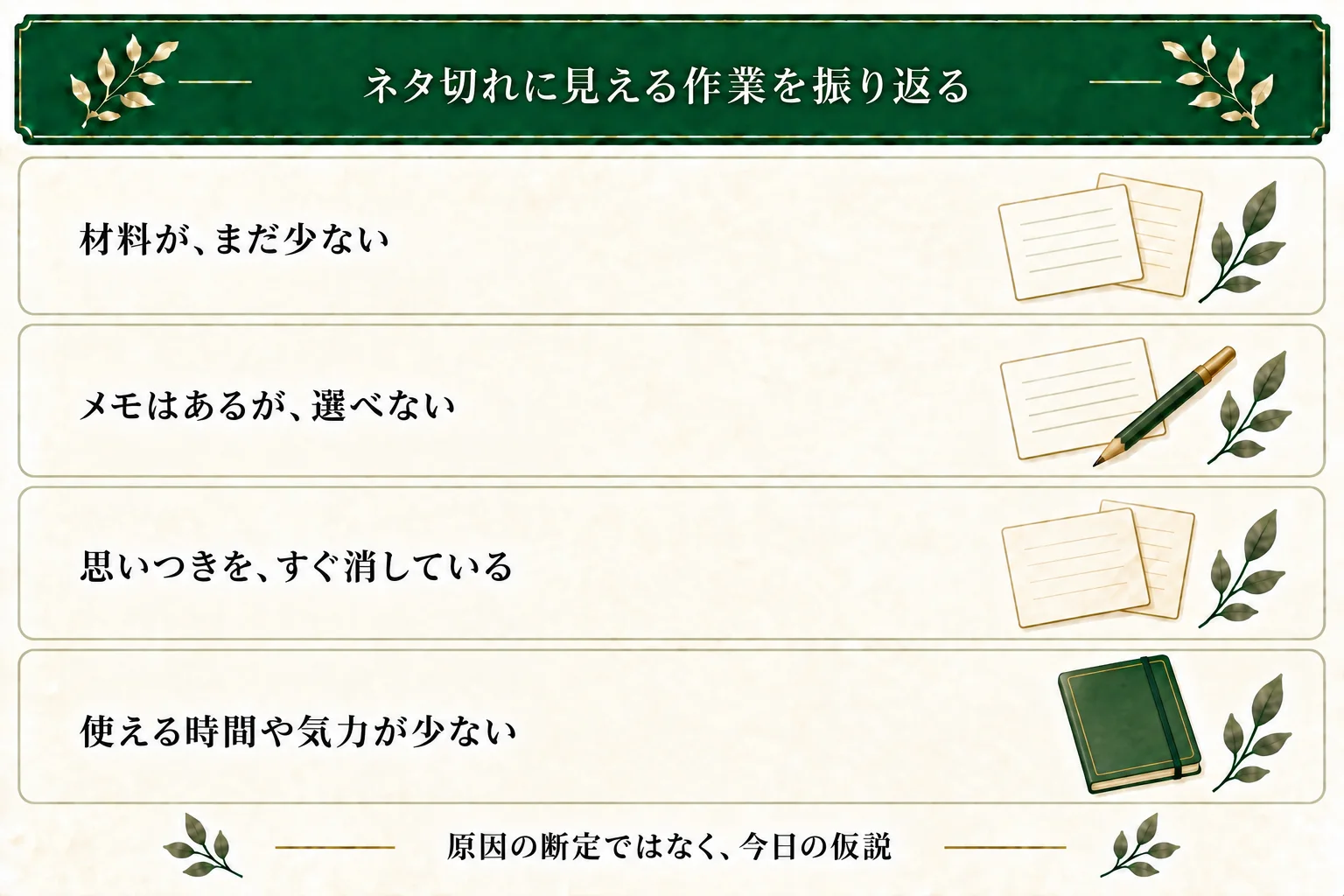 この記事では、材料が少ない、メモから選べない、思いつきをすぐ消す、使える時間や気力が少ない、の4方向から作業を振り返る。原因を確定する分類ではなく、複数が重なる場合もある。