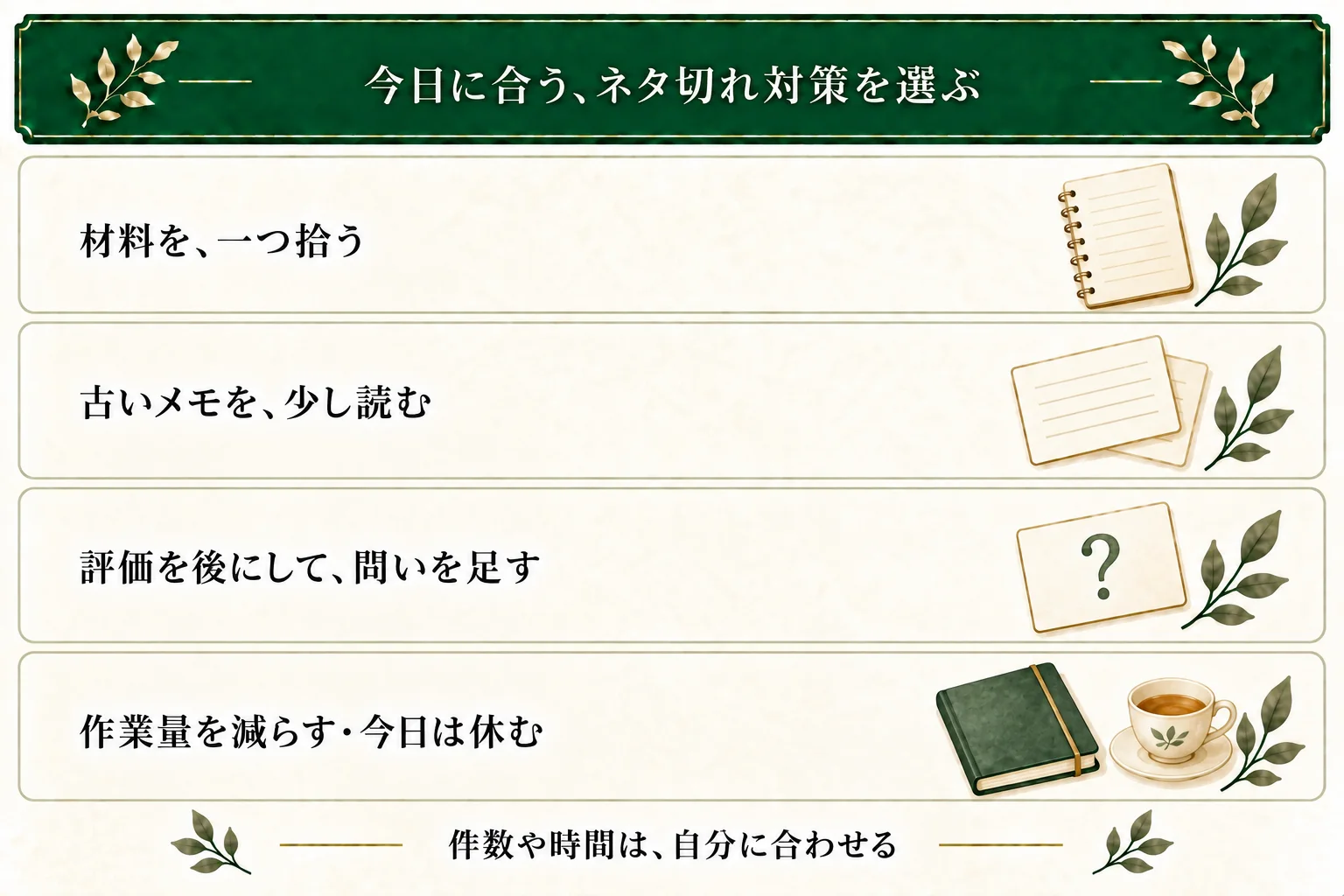 素材を集める、古いメモを選ぶ、評価を後にする、休むという選択肢から今日の一手を選ぶ。3件や15分は目安で、自分に合う量へ変えられる。