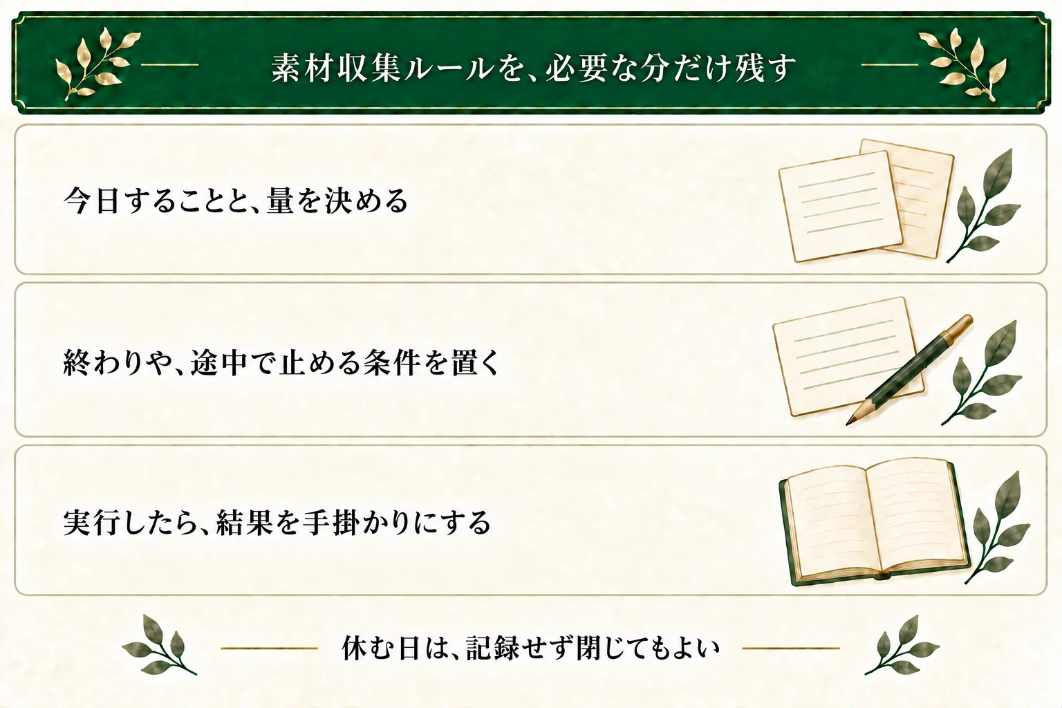 素材収集ルールに今日することと量、終わりを必要な範囲で残す。未実施の結果や未定の仮説は空欄でもよく、休むために記録をすべて埋める必要はない。