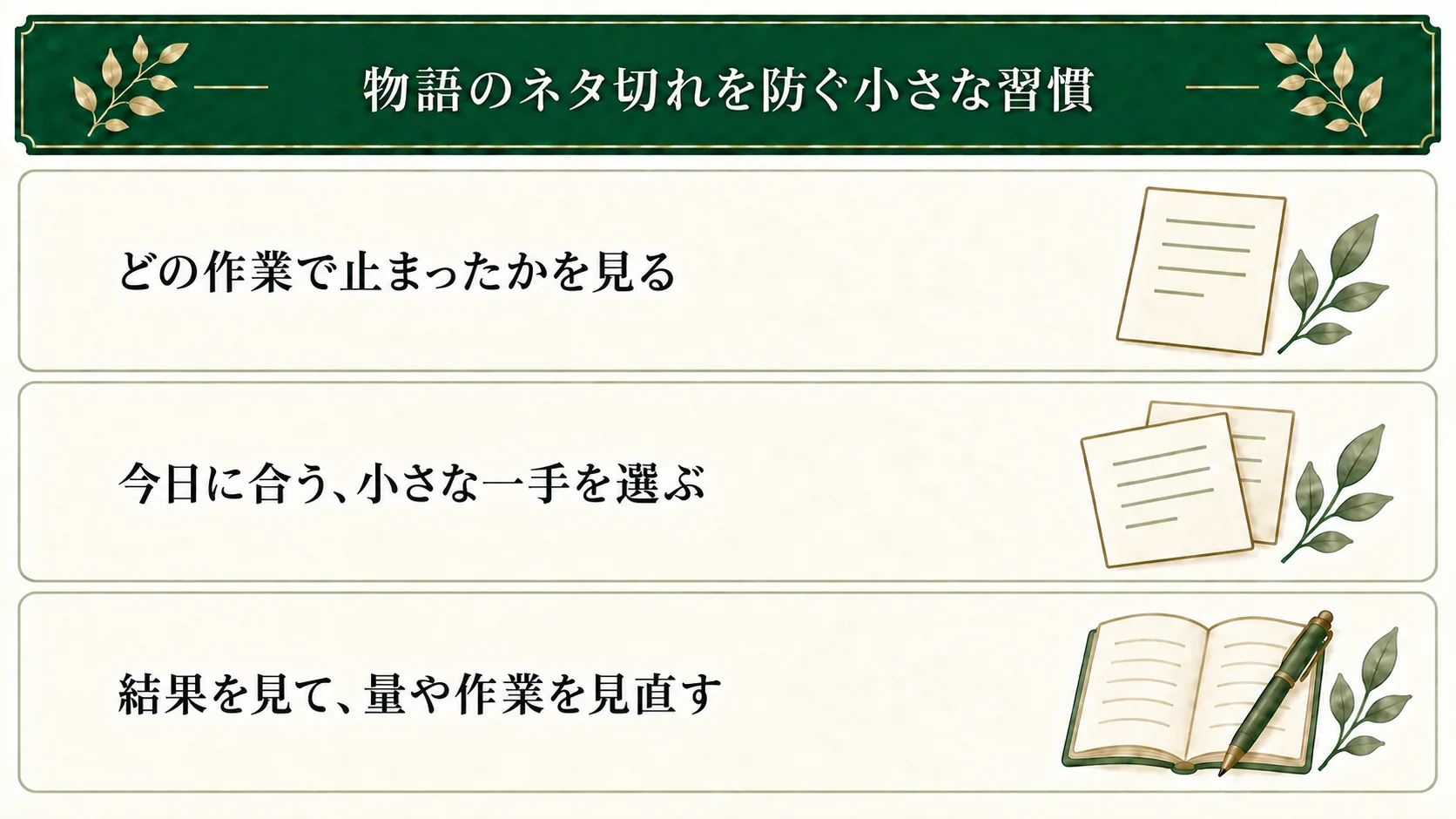物語のネタ切れに見えるときは、止まった作業を振り返る。集める・選ぶ・評価を後にする・休むから今日に合う一手を選び、実行した結果を見て量や作業を見直す。