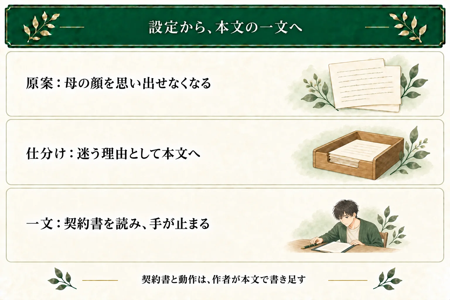 架空例では、売ると相手の顔を思い出せなくなるという原案を、母の記憶を売る主人公が迷う理由として本文に採用する。契約書とペンに触れて手を止める描写は、作者が本文を書くときに加えたもの。