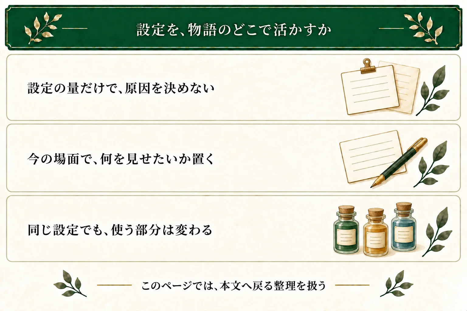 設定の量だけで設定倒れの原因は決められない。この記事では設定ノートから本文へ戻りたい人向けに、今書きたい場面と読者へ伝えたいことから使う部分を考える。
