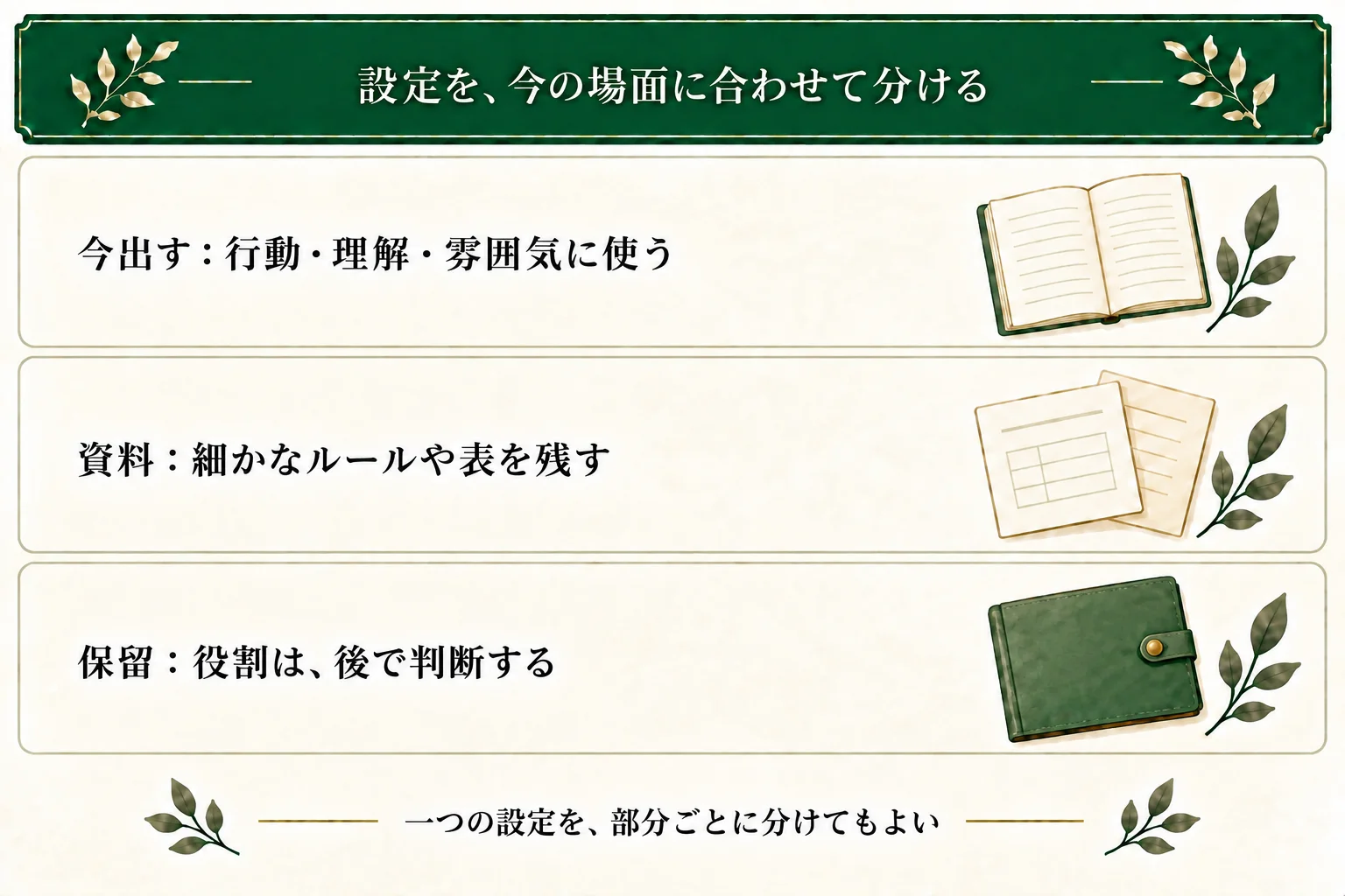 設定の今使う部分を本文へ、描写やルールをそろえる細目を資料へ、役割が未定の候補を保留へ分ける。一つの設定を部分ごとに分けてもよく、保留は将来使う約束ではない。