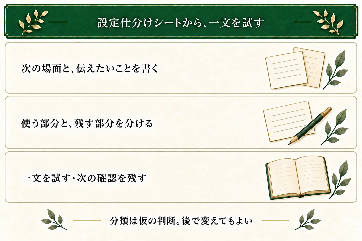 設定仕分けシートには、次の場面と使う部分、その役割を記録する。該当する設定がない分類は空欄でもよい。書ければ一文を試し、未定なら次に確かめることを残す。