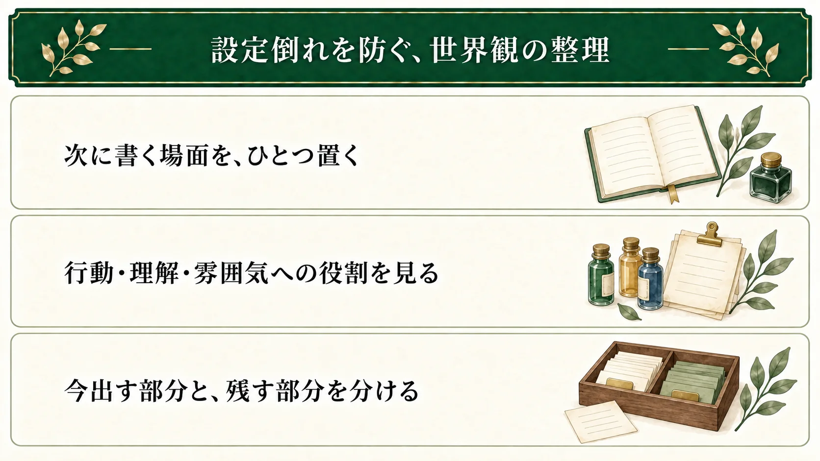 設定倒れは作った設定を物語で活かせていない状態。この記事は本文へ戻るために、今の場面と伝えたいことを置き、今出す部分・資料に残す部分・後で判断する候補に分ける。