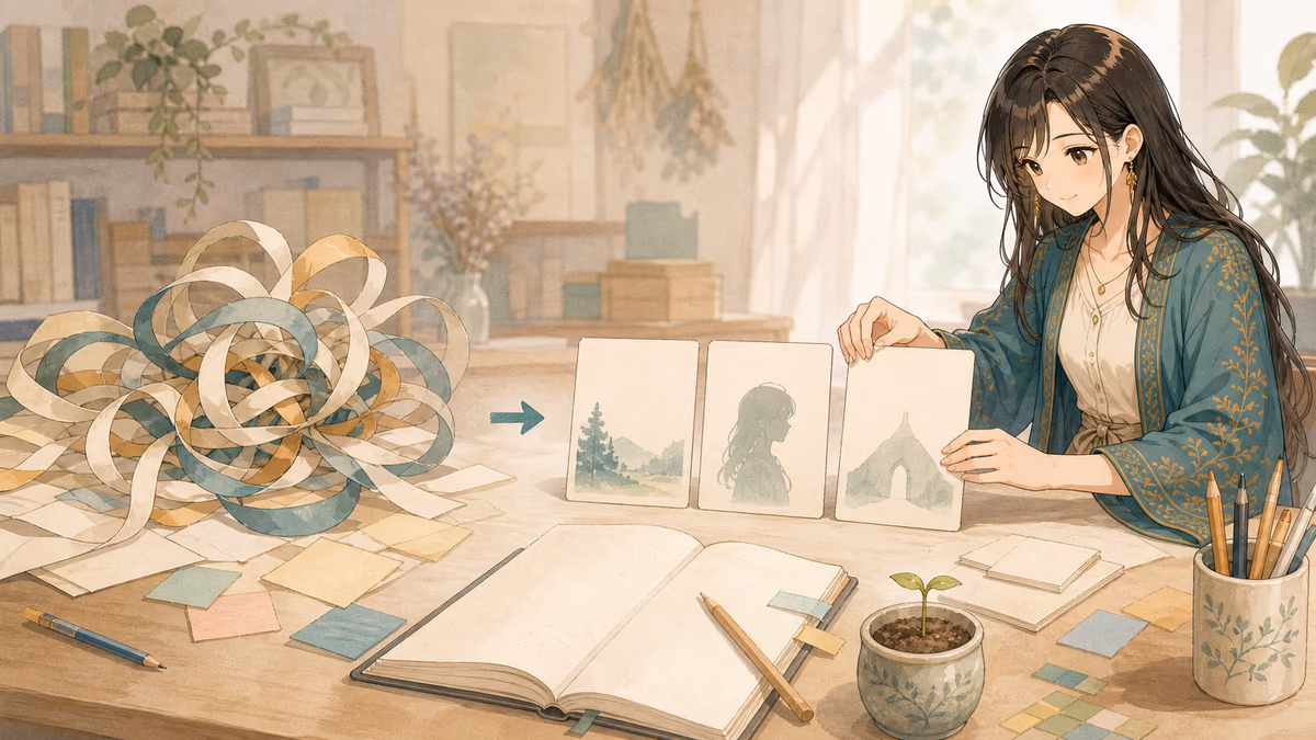 散らばった創作メモをコトハが三つのカードに整理しているアトリエの挿絵