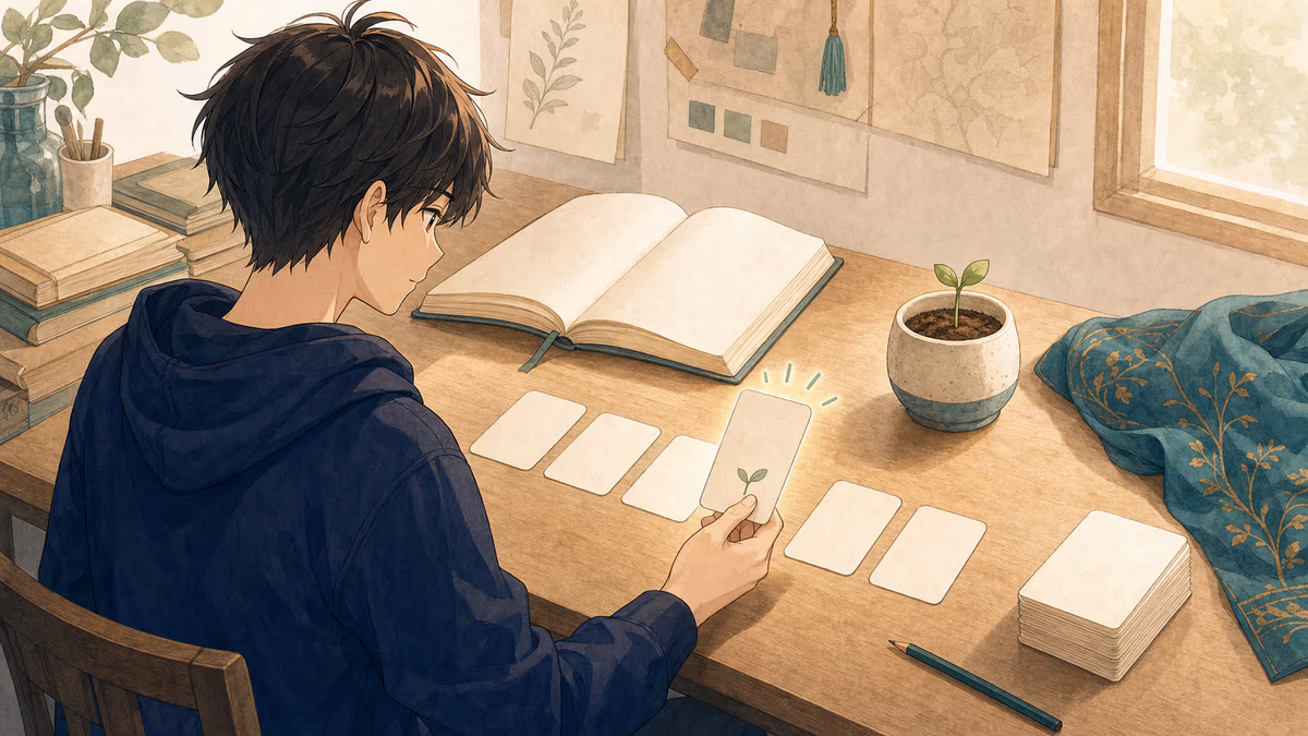 ソウマが複数のカードから今日進める一枚を選んでいるアトリエの挿絵