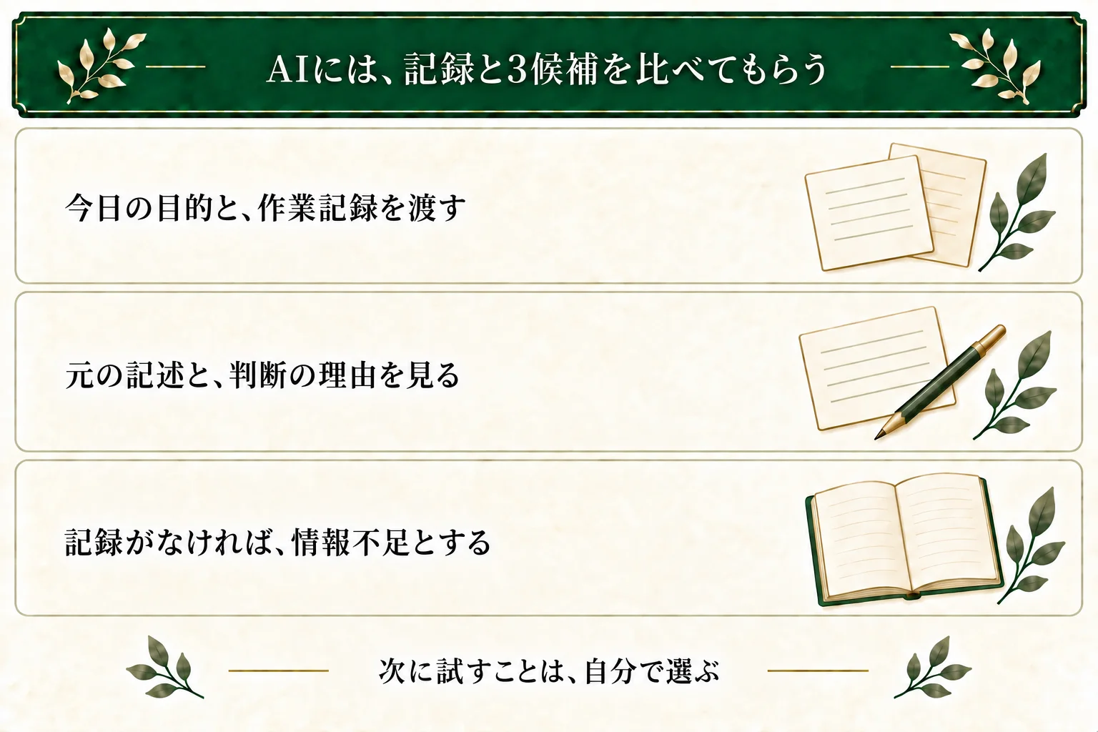AIには今日の目的と作業記録を渡し、元の記述を引用して一致・不一致・情報不足を整理してもらう。記録がないことを該当なしの証拠にせず、試す一手は自分で決める。