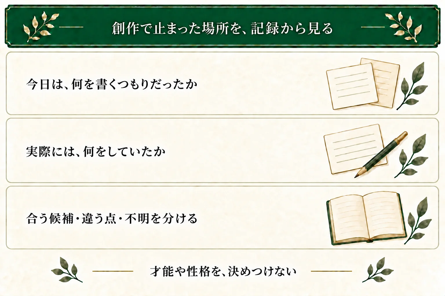 設定の盛りすぎ・動機不足・完璧主義は、このページで使う作業の点検候補。才能や性格を診断する分類ではなく、合わない場合、情報不足、複数が重なる場合も分けて残す。