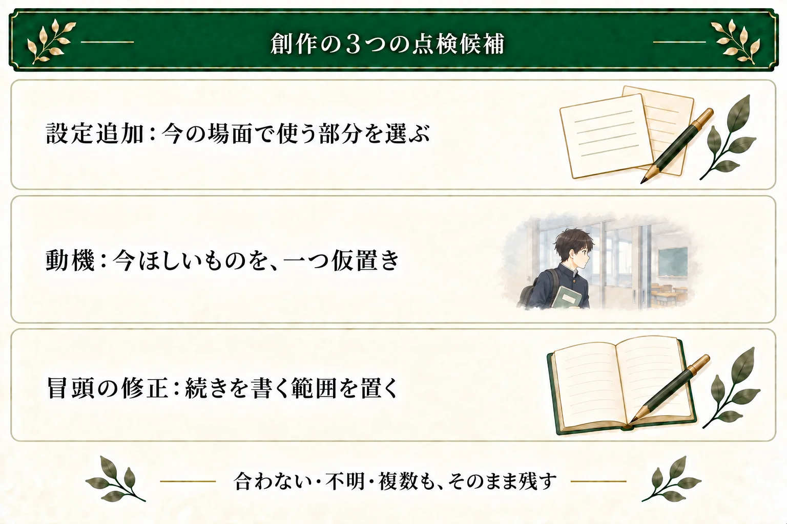 設定追加で本文の時間や使う範囲を決められないときは、今の場面で使う部分を選ぶ。作者が人物の行動で迷うときは望みを仮置きする。冒頭の修正を繰り返すときは続きを書く範囲と推敲の時を分ける。