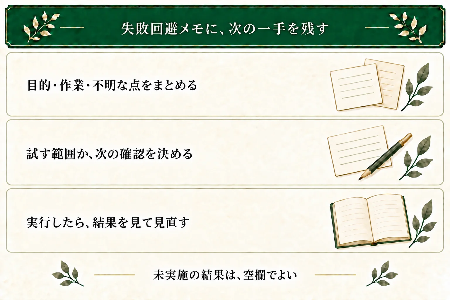 失敗回避メモには今日の目的、作業記録、3候補と合う点・違う点・不明な点を集め、試す一手か次に確かめることを残す。未実施の結果は空欄にでき、一度の結果だけで原因を確定しない。