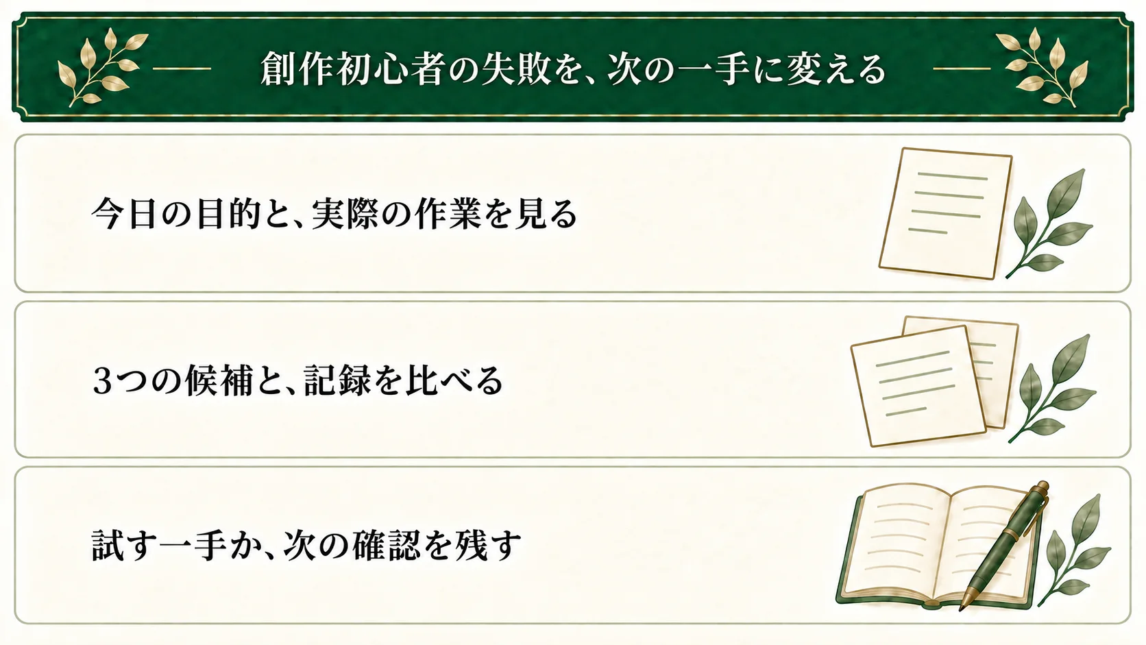 創作初心者が手を止めたときは、今日の目的と実際の作業を比べる。設定追加・動機・冒頭の修正の3候補と照らし、一致しない場合や情報不足も残して、次に試す一手や確認を選ぶ。