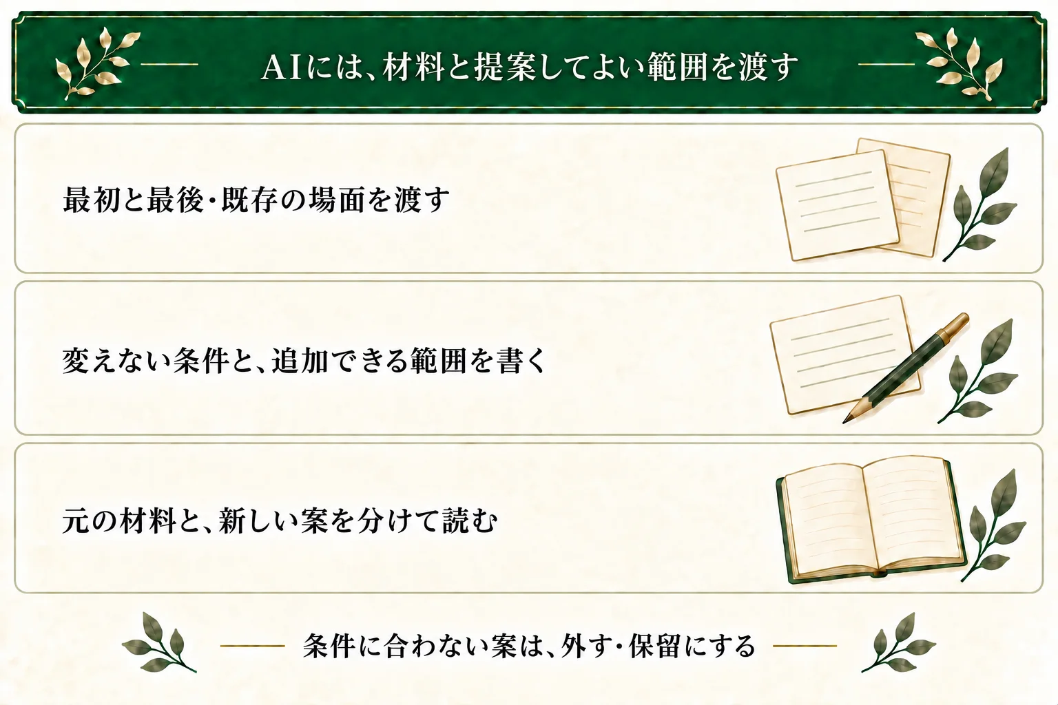 AIには最初と最後の行動に加えて、既存の出来事や人物、変更したくない条件、新しく提案してよい範囲を渡す。元の材料と新しい案を分けて読み、どの場面を使うかは作者が決める。