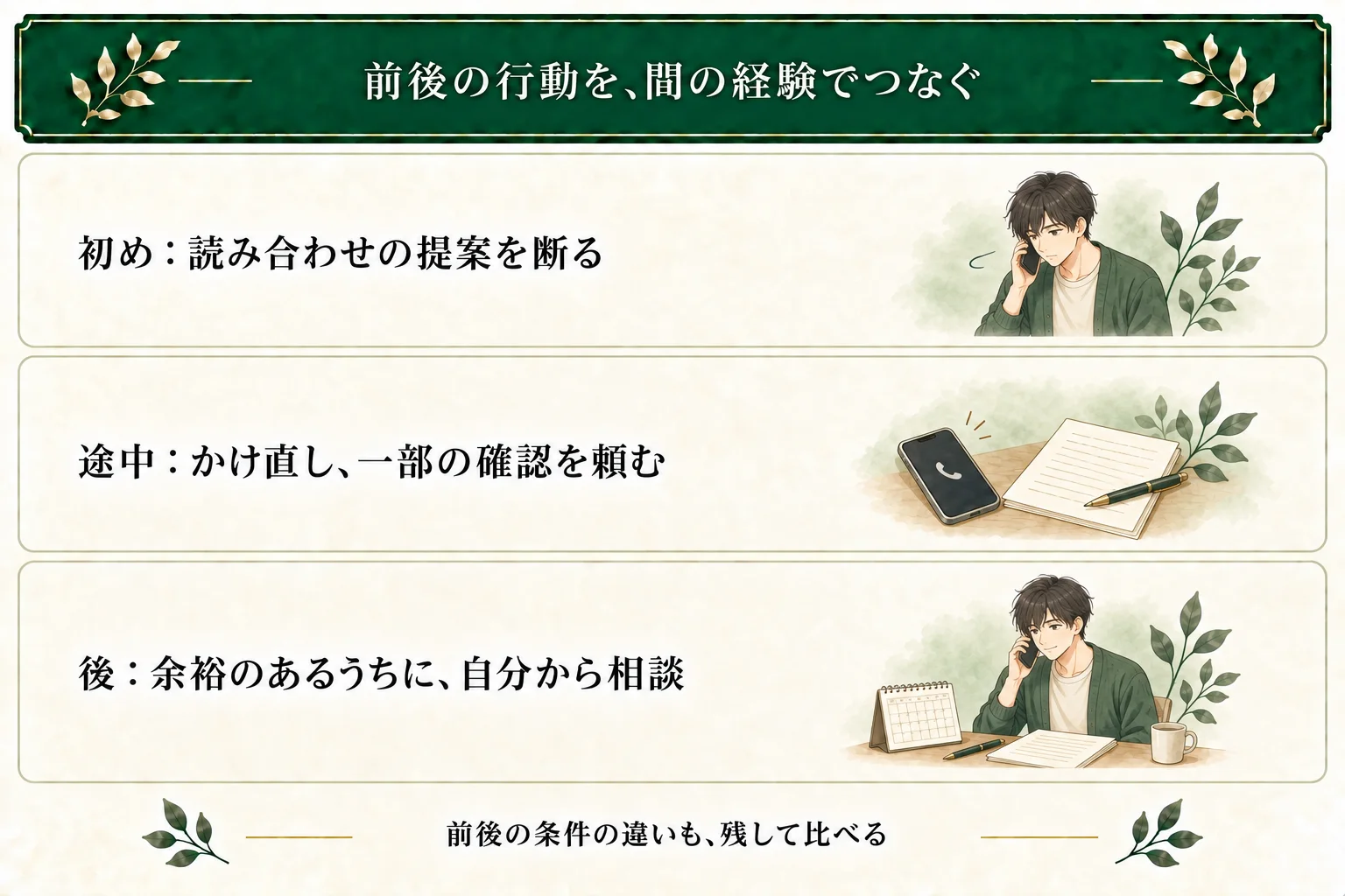 架空の作例では、読み合わせを断った主人公が、締切前にかけ直して一部の確認を頼む。その後は余裕があるうちに自分から相談する。前後の締切の条件が違うことも、解釈の手掛かりとして残す。
