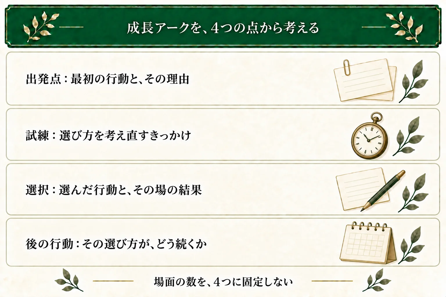 成長アークを、出発点、考え直すきっかけとなる試練、選択とその結果、後の行動の4点で整理する。これは4場面を必ず書くという意味ではなく、必要に応じて間の経験を考える。